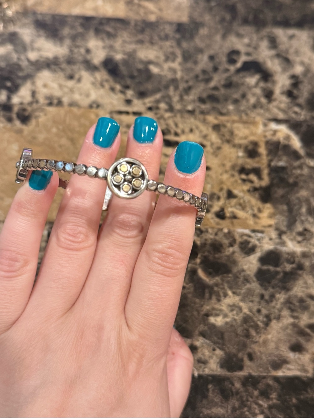 Brighton Mixed Metal Beaded Bangle Bracelet with Floral Medallions - Picture 6 of 9